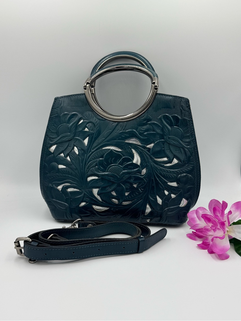 Patricia Nash Teal Floral Cutout Leather Top-Handle Satchel w/ Adjustable Strap